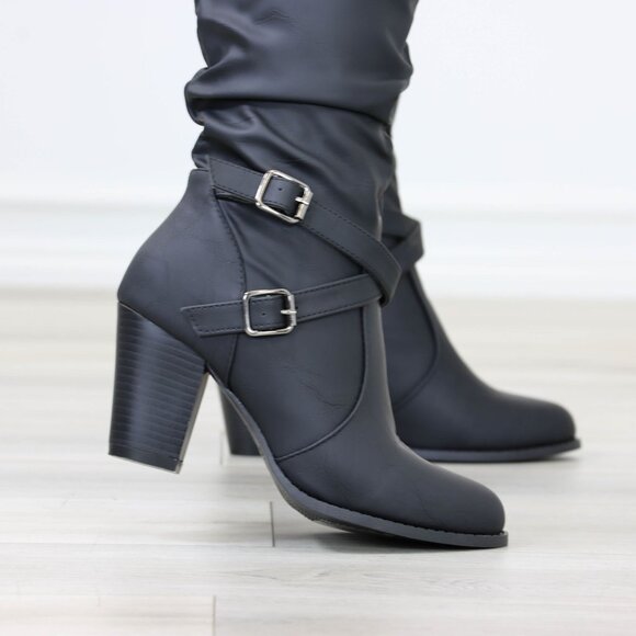 Black Mid Calf Block Heeled Boots Synthetic Leather Pointed Toe Womens - Picture 15 of 16